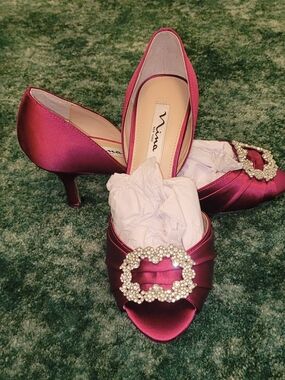 NEW Nina Satin Open-Toe Heels in Deep Fuchsia with Crystal Buckle